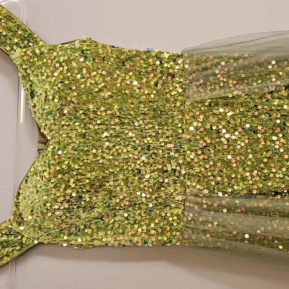 NWOT Olive Green Sequin Gown with attached olive green sheer overlay skirt in S